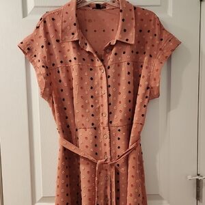 Nina Leonard Coral and Black Dot Midi Dress Size XL